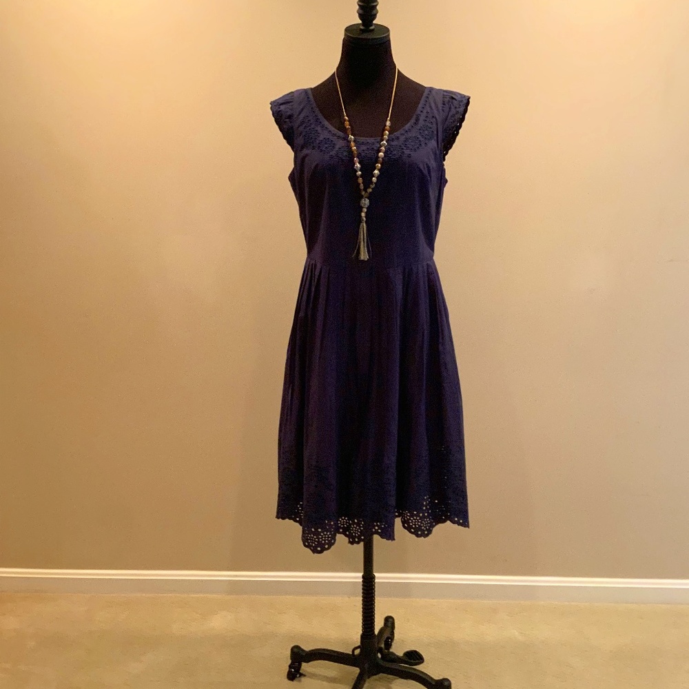 Boden Navy Blue Cotton/Eyelet Detail Summer Dress, Size 10